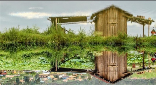 清澈的湖水，倒映着岸上的木屋