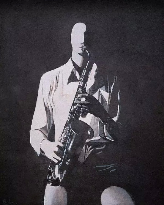 《休止音符 (正面的吹奏者)》，油彩画布，1986年