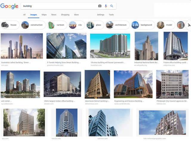 如果我搜索一下”建筑“， 网上会出来一大堆图片，其中大部分建筑都是东倒西歪。